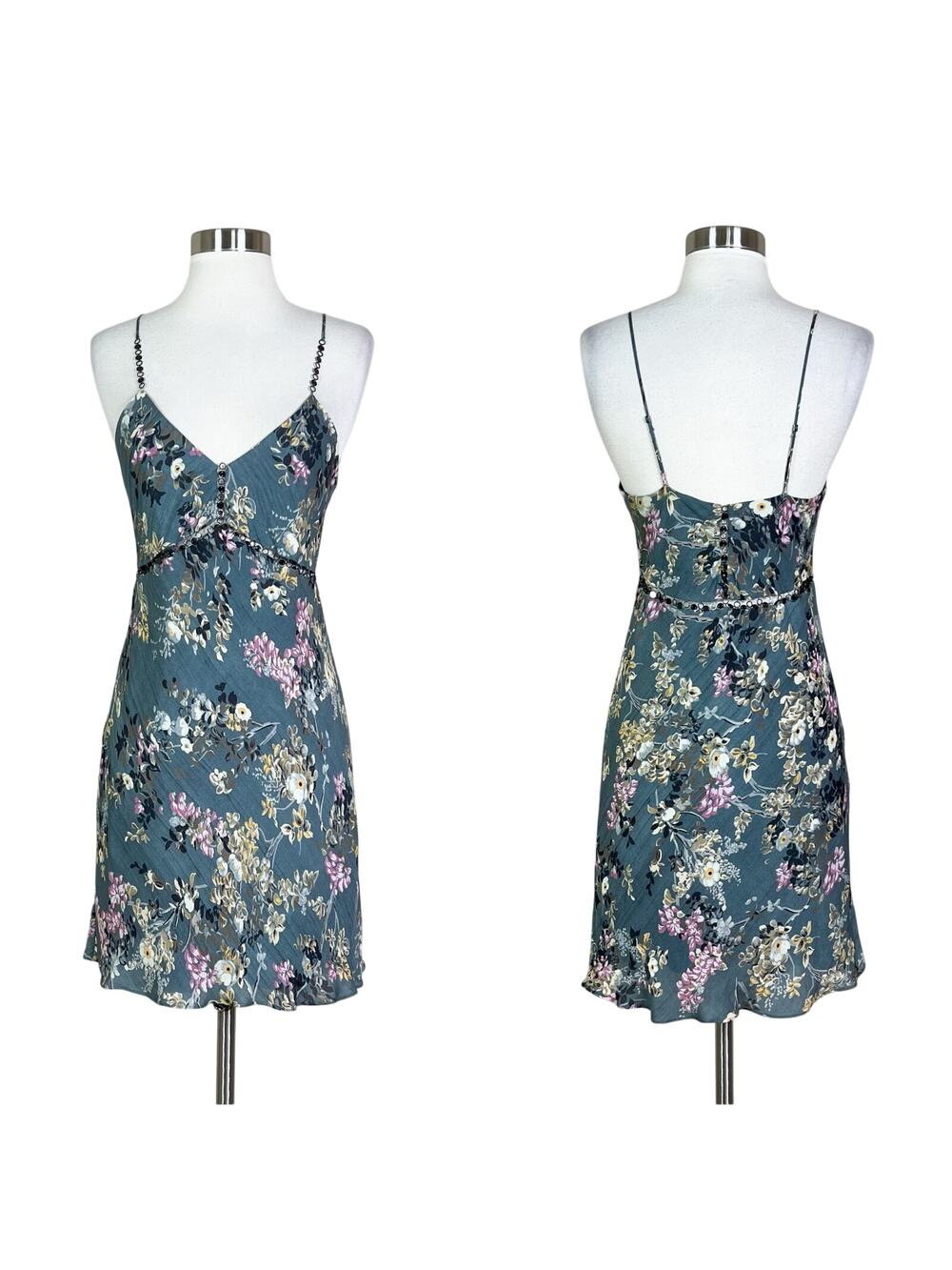 Haute Hippie | Silk Floral Chain Dusty Green Grey Slip Short Cami Dress XS